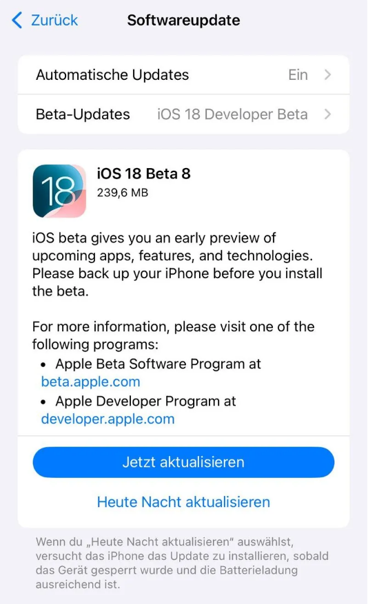 遂宁苹果手机维修分享苹果 iOS / iPadOS 18 开发者预览版 Beta 8 发布 